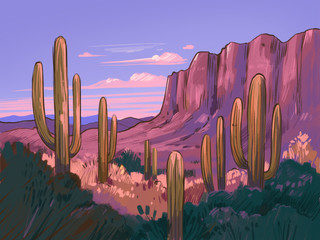 Color sketch of the desert of America with cacti. Arizona desert. Prairie landscape. Hand drawn illustration