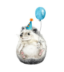 hedgehog cute animal with a balloon and a festive cap on his head, isolated illustration watercolor for birthday © Lana