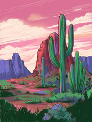 Color sketch of the desert of America with cacti. Arizona desert. Prairie landscape. Hand drawn illustration © aksol