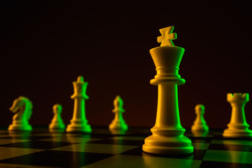 Chess pieces, king on a chessboard, game. The concept of confrontation, career, competition, startup, battle of brains.