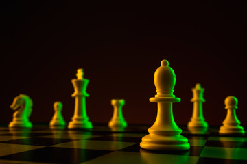 Chess pieces, elephant on a chessboard, game. Concept defense, confrontation, career, competition, startup, brain battle.