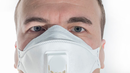 Man face with medical mask. Virus protection abstract photo.