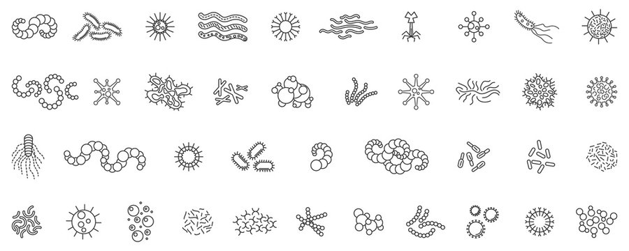 Virus, bacteria or microbe outline icons set.