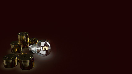 Light bulb  and gold coins in dark 3d rendering for business content.