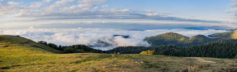 Beautiful panorama view to sunny mountains in Georgia. Svaneti . 