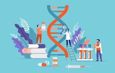 Research scientist. Science laboratory, chemistry scientists and clinical lab. Medical research items, clinical science laboratories experiments. Dna, genetic test concept vector illustration - obrazy, fototapety, plakaty