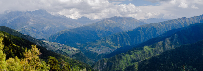 Beautiful panorama view to sunny mountains in Georgia. Svaneti . 