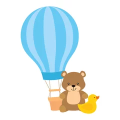 Fototapete Tiere im Heißluftballon Ballonreise heiß mit Teddybär- und Entengummivektorillustrationsdesign