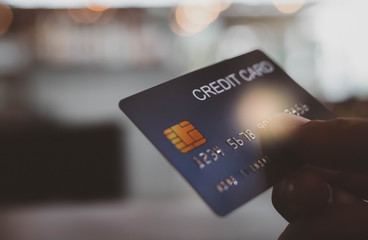 Close up credit card payment coffee on cafe