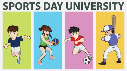 Sports Day University Poster Vector illustration. Different sports and competitions in the cartoon style competition. 