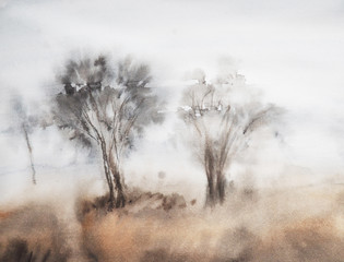 watercolor nature and landscape and tree 