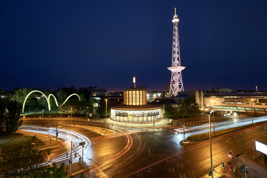 Blue hour and bulb exposure on crossroads and of the radio tower in Berlin from a bird's eye