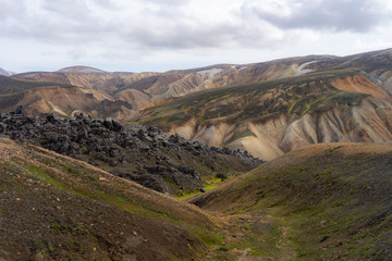 Landmannalaugar Valley. Iceland. Colorful mountains on the Laugavegur hiking trail. The combination of layers of multi-colored rocks, minerals, grass and moss