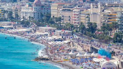 Nice beach day landscape aerial top view timelapse, France.