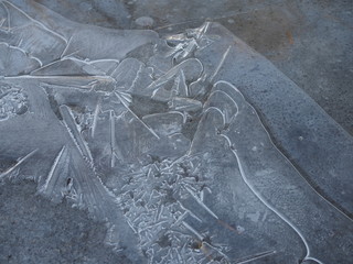 Close up view of frozen water in the puddle on the street. Caution, very slippery surface. Natural background.