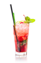 Cocktail with strawberries, mint and lime slices isolated on white.