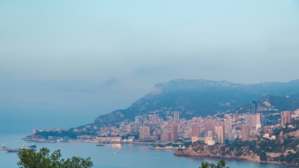 Cityscape of Monte Carlo with morning light timelapse, Monaco at summer sunrise.