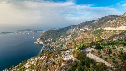 Fototapeta na wymiar Morning timelapse view of the Mediterranean coastline of the town of Eze village on the French Riviera