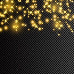 The dust is yellow. yellow sparks and golden stars shine with special light. Vector sparkles on a transparent background. Christmas light effect. Sparkling magical dust particles.