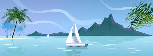 White yacht against the background of a panorama of a tropical island surrounded by the sea. Peaceful seascape on a sunny day. Ocean shore with palm trees. Vector illustration. Without people. - obrazy, fototapety, plakaty