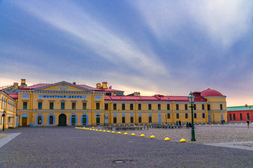 Fototapeta na wymiar Saint Petersburg Mint in Peter and Paul Fortress citadel on Zayachy Hare Island, evening dusk twilight view, Leningrad city, Russia