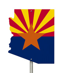 State of Arizona road sign in the shape of the state map with the flag