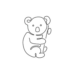 Cute koala animal, continuous line drawing, small tattoo, print for clothes and logo design, emblem or logo design, silhouette one single line on a white background, isolated vector illustration.
