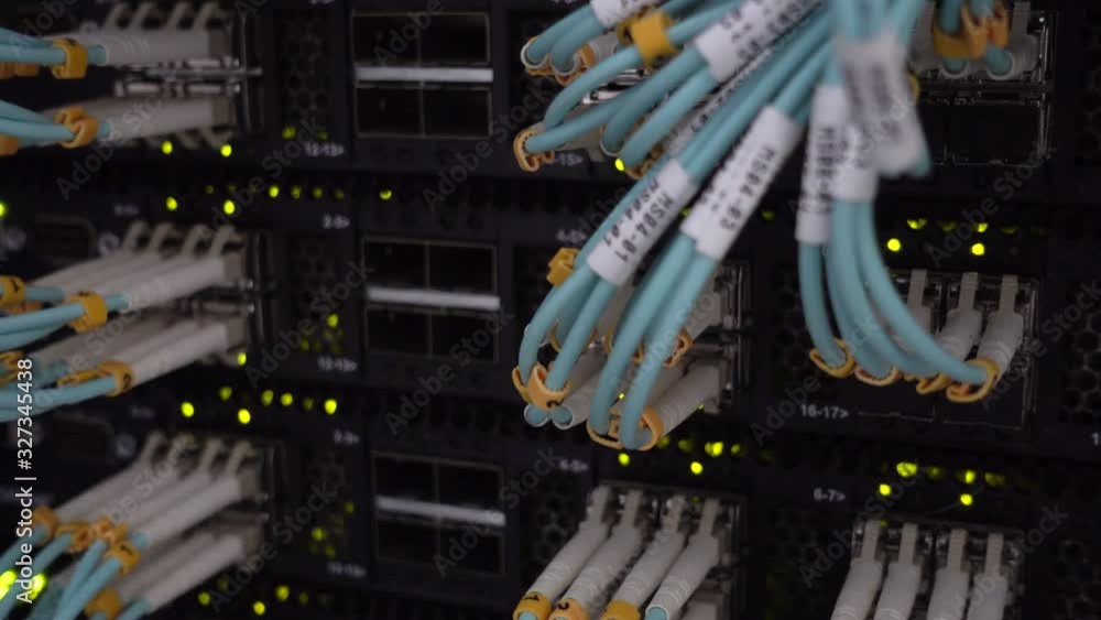 Poster close-up view of modern internet network switch ethernet cables. video ip 4к