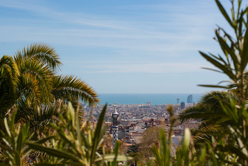 Fototapeta na wymiar View of Barcelona from above on a bright sunny day. Barcelona, Spain