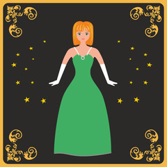Vector illustration. Red hair girl with green beautiful dress.