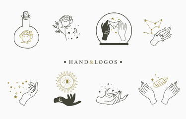 Beauty occult logo collection with hand,geometric,crystal,moon,eye,star.Vector illustration for icon,logo,sticker,printable and tattoo