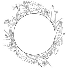 Wreath with wildflowers and herbs on white. Round frame with space for text. Invitation, greeting card or an element for your design. Vector.