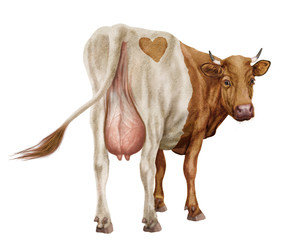 vache laitière, elle regard , roux et blanc,  coeur, amour,   du dos, animal, ferme, joli, belle,  bétail, brun, gazon, mamelle, blanc, agriculture, champ, bétail, taureau, fond blanc, mammifère, moll