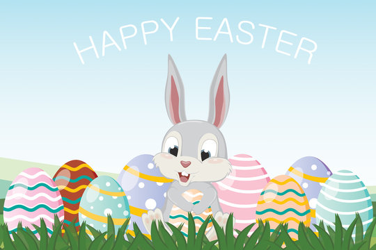 Happy Easter greeting background with cute white bunny and eggs. Welcome to spring season with rabbit - Animal holiday character.