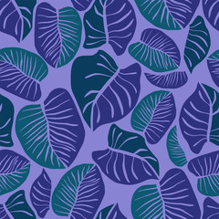 Seamless vector pattern lined leaves ornament in violet and blue tones. Can be used for printing on paper, stickers, badges, bijouterie, cards, textiles. 