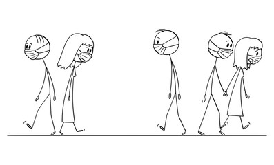 Vector cartoon stick figure drawing conceptual illustration of crowd of people walking on the street, with facial masks to protect yourself from pollution of coronavirus virus infection.