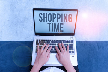 Writing note showing Shopping Time. Business concept for A period of time in which someone buys a...