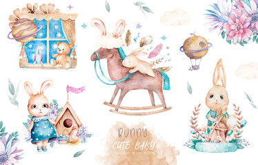 Hand drawing cute easter bunny watercolor cartoon bunnies with floral. Adorable watercolor animal rabbit art sleeping illustration