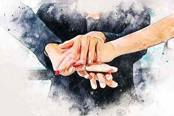 Abstract colorful business handshake partnership on watercolor illustration painting background.