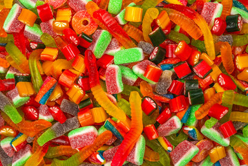 Assorted gummy candies. Top view. Jelly  sweets background.