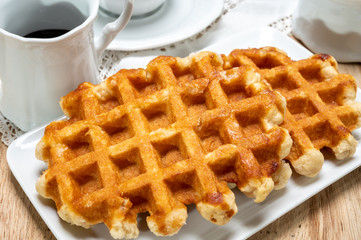 Tasty Belgian dessert, homemade Brussels sugar waffles