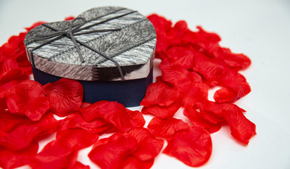 Valentine's Day, Mother's Day, March 8th. Gift box, red hearts. Copy space