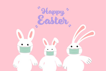 Rabbit family wear hygienic mask on pink background with word Happy Easter