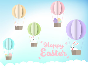 Rabbit and eggs in basket with balloons on blue sky and word Happy easter in  pastel tone