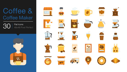 Coffee and Coffee makers icons. Flat icon design. For presentation, graphic design, mobile application, web design, infographics, UI.