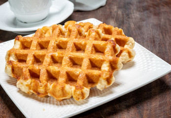 Tasty Belgian dessert, homemade Brussels sugar waffles