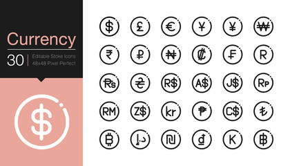Currency icons. Modern line design. For presentation, graphic design, mobile application, web design, infographics, UI. Editable Stroke. - obrazy, fototapety, plakaty