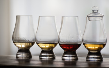 Tasting of flight of Scotch whisky from special tulip-shaped glasses on distillery in Scotland, UK