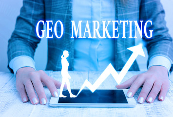 Writing note showing Geo Marketing. Business concept for the geolocated marketing techniques to get...