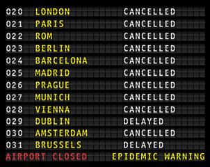 Fototapeta premium Flight information display showing cancelled flights because of corona epidemic warning, vector